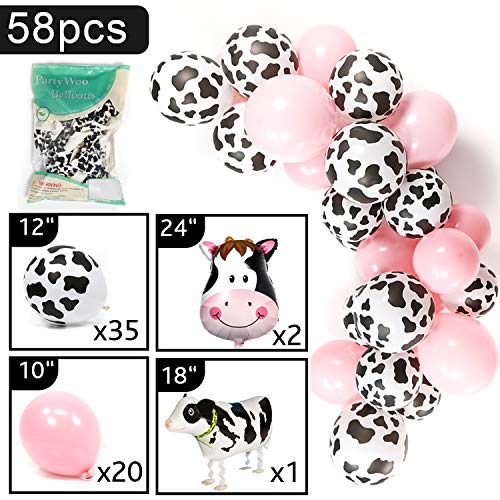 PartyWoo Globos Vaca, 58 Pcs Globos Animales Granja, Globos Patrón Vaca, Globos Rosa, Globo Helio de Vaca, Globos de Mylar Cabeza Vaca per Fiesta de cumpleaños de Granja, Fiesta de Temática Animales