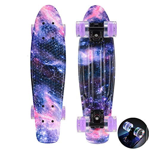 Patineta de 22 Pulgadas, patineta para Principiantes de la Galaxia del Cielo Estrellado con Pista Luminosa de Ruedas LED, Chicos y Chicas, Adolescentes y Principiantes,Starry Sky Purple