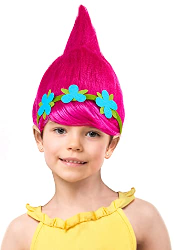 Peluca de Trolls para niños y niñas en rosa, turquesa y verde como complemento para el disfraz de Trolls en carnaval y carnaval (rosa + corona de flores).