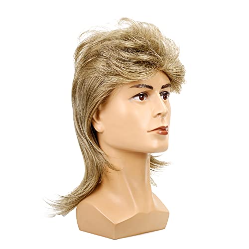 Peluca para hombre, peluca de salmonete rubia de los años 80, peluca larga de pelo sintético para hombre, Cosplay, fiesta de disfraces de Halloween