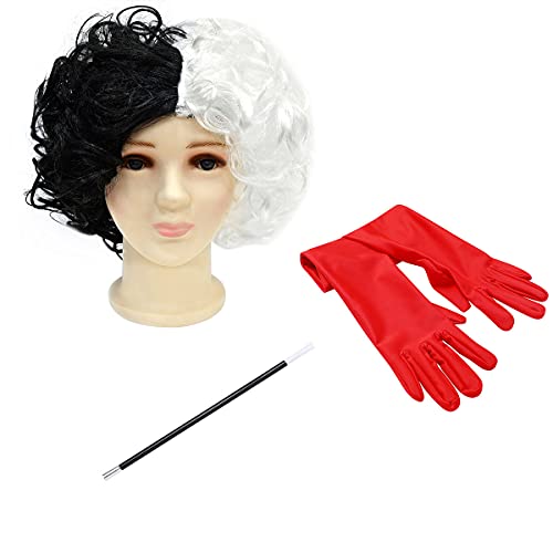 Pelucas Blancas y Negras para Mujeres y Niñas, Disfraz de Cosplay Cruella De Vil, Pelucas de Pelo Ondulado Corto y Rizado, Fiesta de Halloween Elegante Princesa Accesorios de Vestir Deville