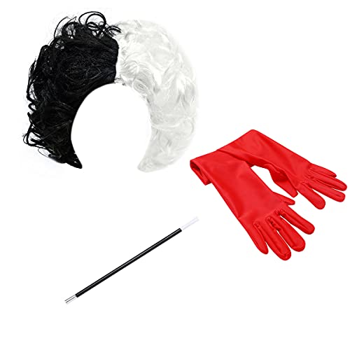 Pelucas Blancas y Negras para Mujeres y Niñas, Disfraz de Cosplay Cruella De Vil, Pelucas de Pelo Ondulado Corto y Rizado, Fiesta de Halloween Elegante Princesa Accesorios de Vestir Deville