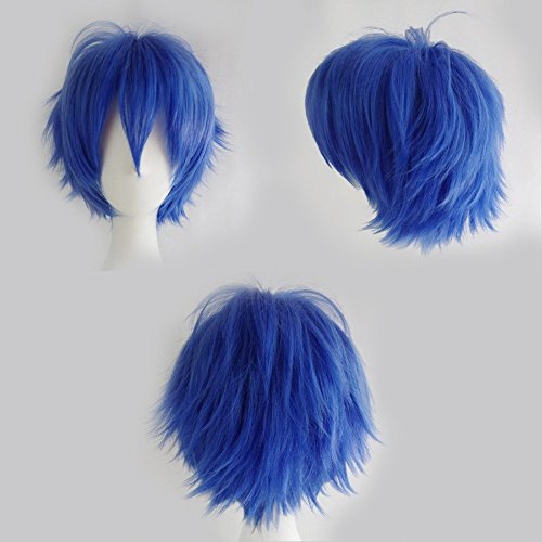 Pelucas completas de cola de pelo rizado Cosplay de 30 CM Peluca corta Mujeres Hombres Peluca Unisex Fiesta de disfraces de Halloween Wig Azul oscuro