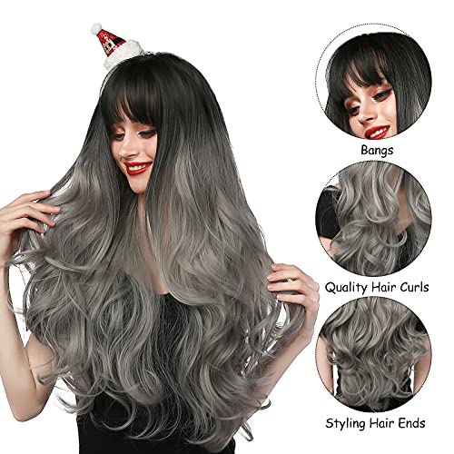 Pelucas Para Mujer Rizada Largas Gris Pelo Natural con Flequillo Sintéticas De Aspecto Natural Resistente Al Calor Onduladas Postizos para Cosplay Disfraces Fiesta Diaria Halloween 28 Pulgadas