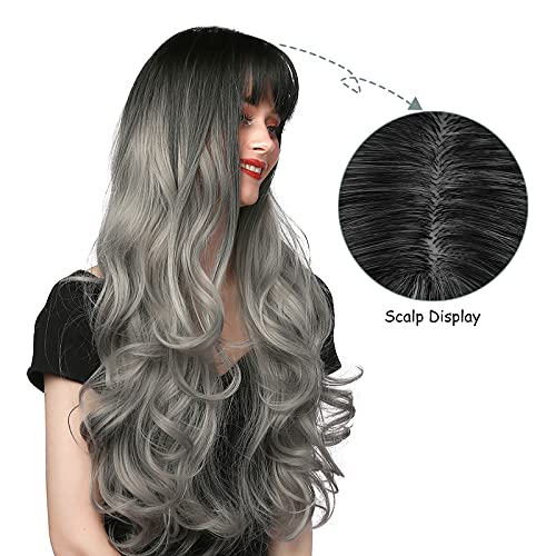 Pelucas Para Mujer Rizada Largas Gris Pelo Natural con Flequillo Sintéticas De Aspecto Natural Resistente Al Calor Onduladas Postizos para Cosplay Disfraces Fiesta Diaria Halloween 28 Pulgadas