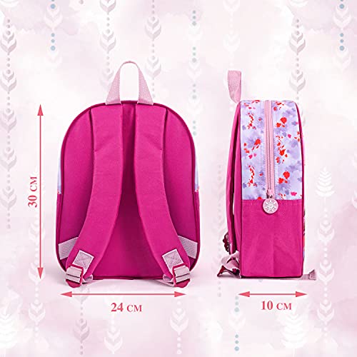 PERLETTI Mochila Escolar Disney Frozen 2 para Niñas - Bolso Infantil Niña para Guardería con Princesas Ana y Elsa - Mochilita Viaje y Tiempo Libre Rosa y Lila para Niños 3 4 5 Años - 30x24x10 cm