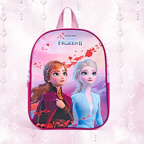 PERLETTI Mochila Escolar Disney Frozen 2 para Niñas - Bolso Infantil Niña para Guardería con Princesas Ana y Elsa - Mochilita Viaje y Tiempo Libre Rosa y Lila para Niños 3 4 5 Años - 30x24x10 cm