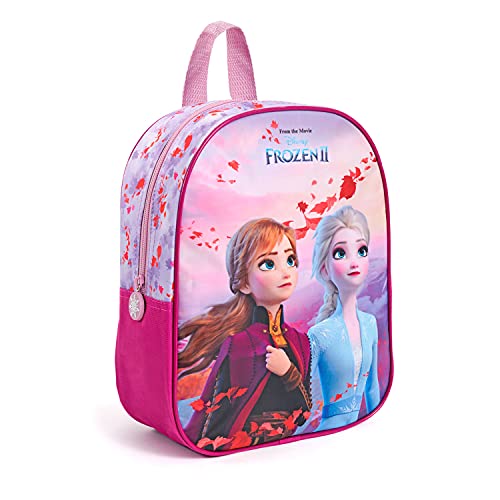 PERLETTI Mochila Escolar Disney Frozen 2 para Niñas - Bolso Infantil Niña para Guardería con Princesas Ana y Elsa - Mochilita Viaje y Tiempo Libre Rosa y Lila para Niños 3 4 5 Años - 30x24x10 cm