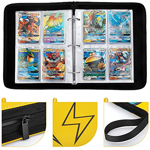 PhD Keisi Álbum Pokemon para Cartas Coleccionables,Bolsa Grande Almacenamiento de Tarjetas Compatible Cremallera, Sostiene hasta 400 Tarjetas - 4 Bolsillos(Yellow)