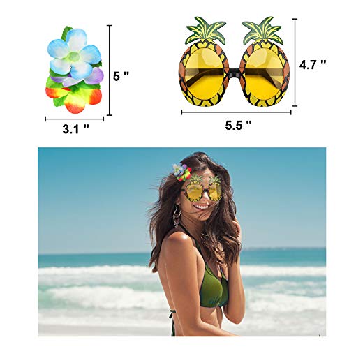 PHOGARY 8PCS Falda de hula Kit de accesorios de vestuario para Hawaii Luau Party - Bailando hula con Flor Bikini Lei hawaiano Pinza para el cabello, Gafas de sol