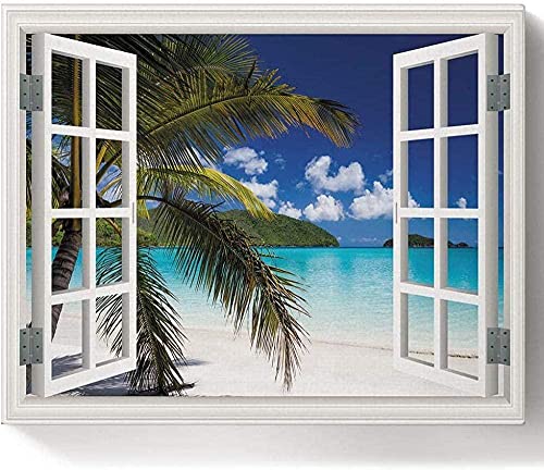 Pintura por números para adultos para adultos Principiante Palmera Decoración Ocean Playa Paisaje marino Ventanas de madera Escena de verano Isla tropical Pintura de bricolaje (sin marco 40x50cm)