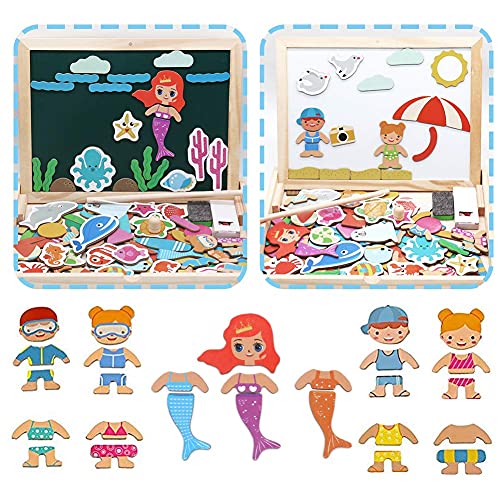 Pizarra Magnetica Infantil de Doble Cara con 120 PCS Puzzles de Madera Magnética Juegos Educativos Niños de Dibujo Juguetes Montessori Juguetes Niños 3 4 5 6 7 Años