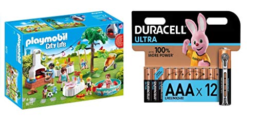 PLAYMOBIL City Life Fiesta en el Jardín, con Efectos de Luz, a Partir de 4 Años (9272) + Duracell - Ultra AAA con Powerchek, Pilas Alcalinas (Paquete de 12) 1.5 Voltios