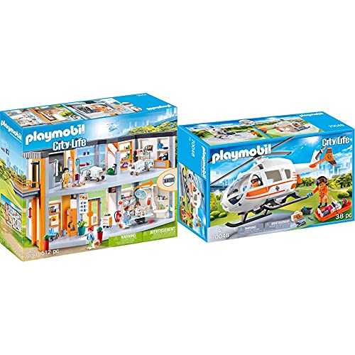 Playmobil City Life: Gran Hospital Set Juguetes, Multicolor, Talla Única (70190) + City Life Helicóptero De Rescate, Multicolor (70048)