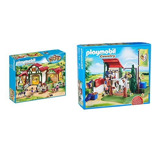 PLAYMOBIL Country 6926 Granja de Caballos, A Partir de 5 años + Country 6929 Set de Limpieza para Caballos, A Partir de 5 años