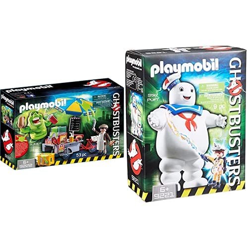 PLAYMOBIL Ghostbusters Muñeco Marshmallow, a Partir de 6 Años (9221) + Ghostbusters Slimer con Stand de Hot Dog, A Partir de 6 Años (9222)