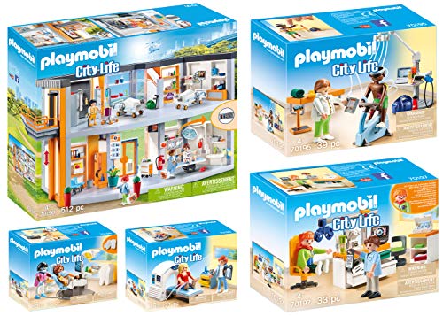 Playmobil® Juego de 5 hospitales City Life 70190 70195 70196 70197 70198 + cuatro médicos: fisioterapeuta, radiólogo, oftalmólogo, dentista y dentista