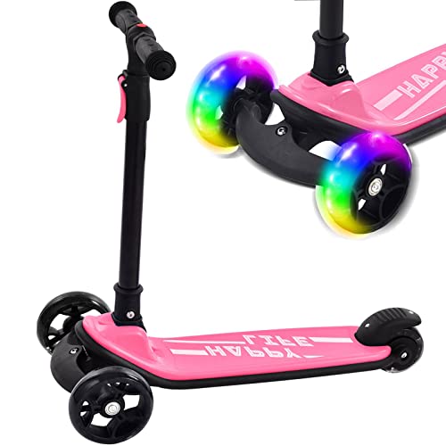 Plegable para niños Patinetes Patinete de 3 Ruedas LED, Scooter para Niños 2 a 10 Años,Manillar Altura Ajustable,Carga Máxima 50KG,Regalos para niños y niñas, Patinete Niños Patinete Plegables,Rosado