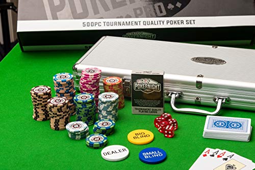 Poker Night Pro Juego de 500 fichas de Texas Holdem Poker con un Gran Estuche de Aluminio Fichas numeradas 14g, 2 Barajas de Cartas Profesionales de plástico, Botones y 5 Dados