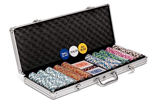 Poker Night Pro Juego de 500 fichas de Texas Holdem Poker con un Gran Estuche de Aluminio Fichas numeradas 14g, 2 Barajas de Cartas Profesionales de plástico, Botones y 5 Dados