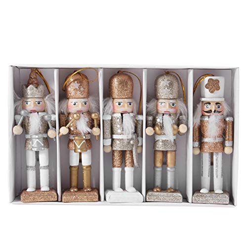 PRETYZOOM 1 juego de decoración de muñeca de madera de Navidad cascanueces colgante creativo en polvo brillante muñeca adorno para fiesta tienda hogar (oro blanco)