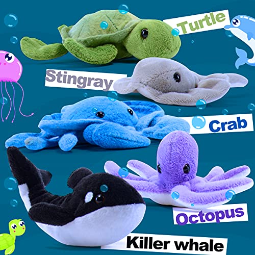 Prextex Tiburón de peluche de 15 pulgadas con 5 animales marinos de peluche incluye pulpo, cangrejo, tortuga, raya y ballena azul de peluche