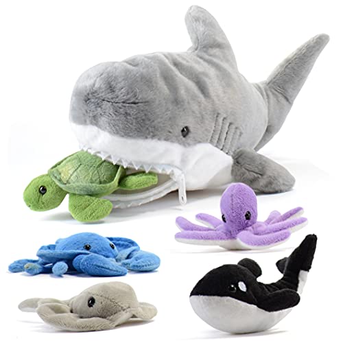 Prextex Tiburón de peluche de 15 pulgadas con 5 animales marinos de peluche incluye pulpo, cangrejo, tortuga, raya y ballena azul de peluche