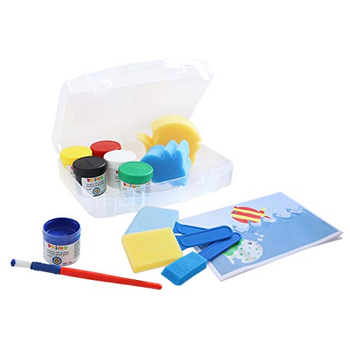 Primo 824VTLP - Pintura escolar en orinal, 6 colores, maletín multiusos, 2 esponjas, 3 pinceles de esponja, 1 pincel jumbo, 1 base de plástico, multicolor