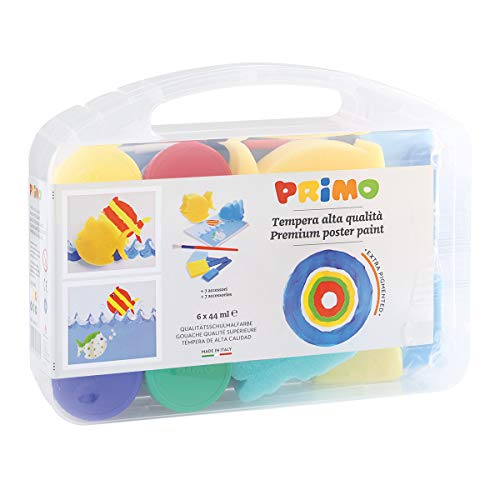 Primo 824VTLP - Pintura escolar en orinal, 6 colores, maletín multiusos, 2 esponjas, 3 pinceles de esponja, 1 pincel jumbo, 1 base de plástico, multicolor