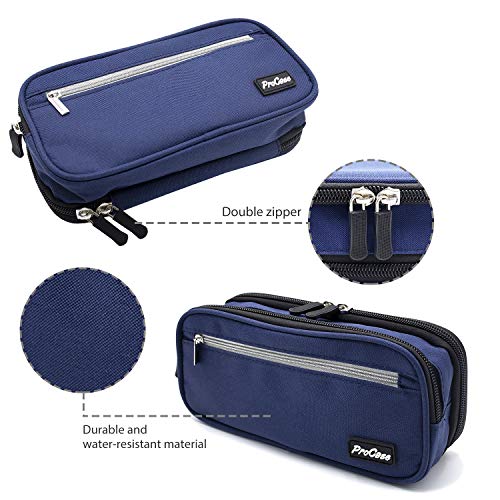 ProCase Estuche Escolar de Gran Capacidad, Bolsa de Lápiz Portable Estuche Organizador de Material Papelería con Cremallera Doble para Estudiantes en Escuela y Empleados en Oficina –Azul