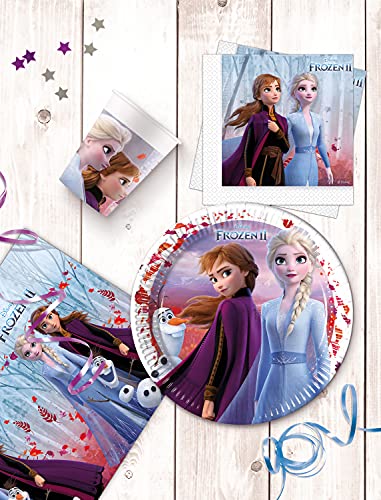 Procos 10210594 – Juego S Disney Frozen 2, 52 Piezas, Platos, 16 Vasos, 20 servilletas, desechable, vajilla para Fiesta, decoración de Mesa, Multicolor