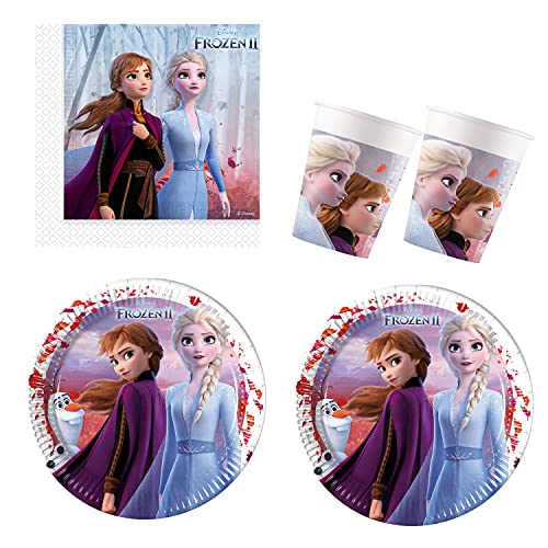 Procos 10210594 – Juego S Disney Frozen 2, 52 Piezas, Platos, 16 Vasos, 20 servilletas, desechable, vajilla para Fiesta, decoración de Mesa, Multicolor