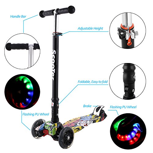 Profun Patinete Niño, Patinete para Niños 3 a 10 Años， Patinete Plegable con Ruedas de luz LED Patinetes de Altura Ajustable para Niños y Niñas (77CM-87CM), Carga Máxima 50 KG