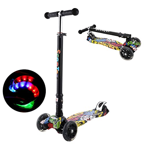 Profun Patinete Niño, Patinete para Niños 3 a 10 Años， Patinete Plegable con Ruedas de luz LED Patinetes de Altura Ajustable para Niños y Niñas (77CM-87CM), Carga Máxima 50 KG