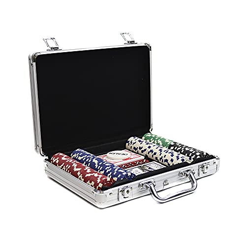 PROMO SHOP Maletin Poker con 200 Fichas de Poker de 5 valores Distintos, 5 Dados, Distribuidor de Fichas y 2 Barajas · Poker Set Profesional con Maletin de Poker de Aluminio Resistente