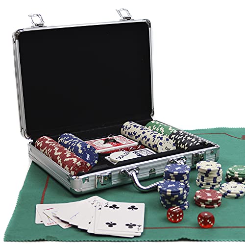 PROMO SHOP Maletin Poker con 200 Fichas de Poker de 5 valores Distintos, 5 Dados, Distribuidor de Fichas y 2 Barajas · Poker Set Profesional con Maletin de Poker de Aluminio Resistente