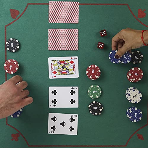 PROMO SHOP Maletin Poker con 200 Fichas de Poker de 5 valores Distintos, 5 Dados, Distribuidor de Fichas y 2 Barajas · Poker Set Profesional con Maletin de Poker de Aluminio Resistente