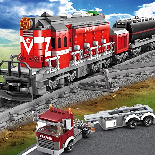 PROTOY Tren de ingeniería con rieles, 1002 piezas de construcción City tren con motor y kit de iluminación, compatible con Lego