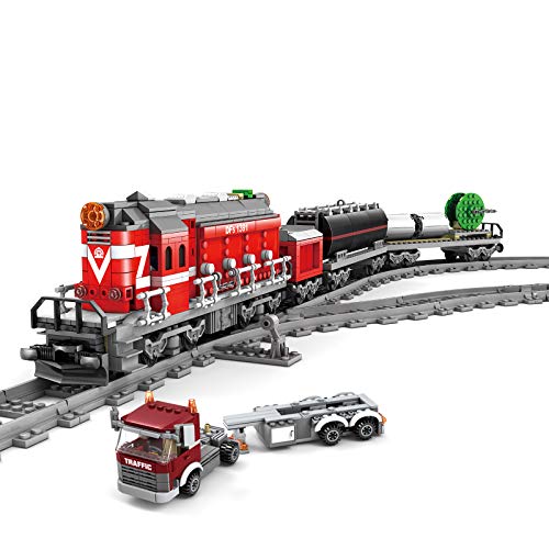 PROTOY Tren de ingeniería con rieles, 1002 piezas de construcción City tren con motor y kit de iluminación, compatible con Lego