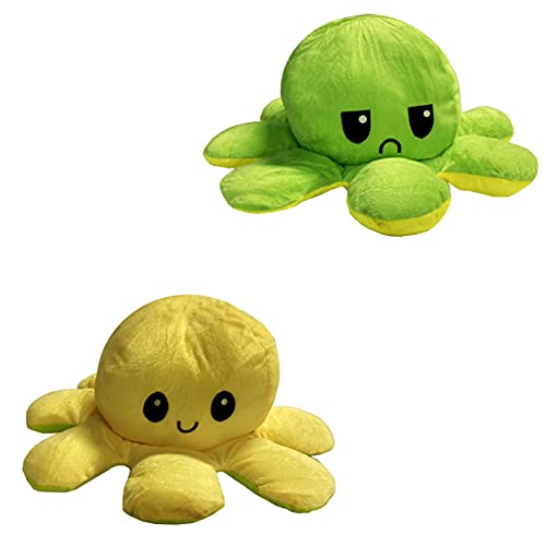 Pulpo de peluche reversible, 40 cm de ancho, 15 cm de alto, pulpo reversible, diseño de tigre, color amarillo y verde