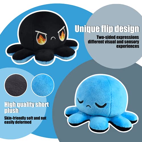 Pulpo Reversible Prime, 40CM Pulpito Reversible, Peluche de Felpa pulpos Reversibles,Pulpo Peluche de Doble Cara,Bonitos Juguetes de Pulpos Peluche Regalos ​Creativos para Niños（Azul+Negro）