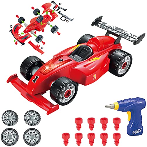 Pup Go Tomar Aparte F1 Coche de Carreras para Niños de 3+ Años, Juguete 24 Piezas con Taladro Eléctrico, LED y Sonido Realistas, Construir Su Propio Coche, Mejores Regalos para Niños (Rojo)