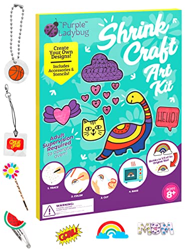 PURPLE LADYBUG Kit de Arte Retráctil 53 Piezas para Niños – 4 Colores de Papel de Horno Retráctil y Todo lo Necesario para Crear Arte Retráctil Único – Materiales para Manualidades para Niños y Niñas