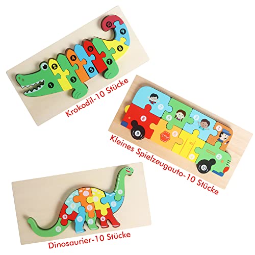 Puzzle de madera 3D con animales para niños, 3 piezas de madera Montessori, juguete de animales, juguetes educativos, regalo educativo para Navidad y cumpleaños (cocodrilo, dinosaurio y camión)