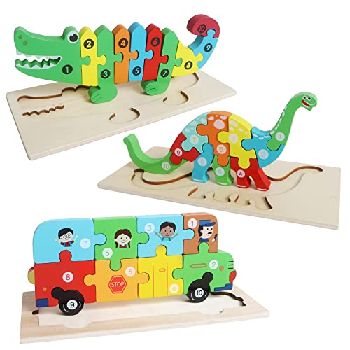 Puzzle de madera 3D con animales para niños, 3 piezas de madera Montessori, juguete de animales, juguetes educativos, regalo educativo para Navidad y cumpleaños (cocodrilo, dinosaurio y camión)