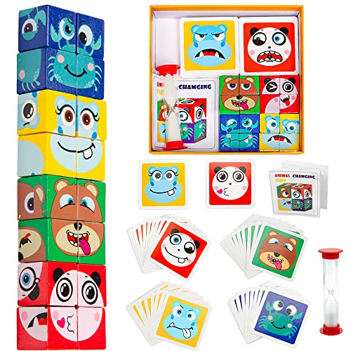 Puzzle de Madera de Expresión Facial,Juego Expresiones de Bloque Cubo de Madera Cubos de Construcción Juguete de Interacción de Madera para Regalo 3 años niño Pensamiento Juguetes Educativos