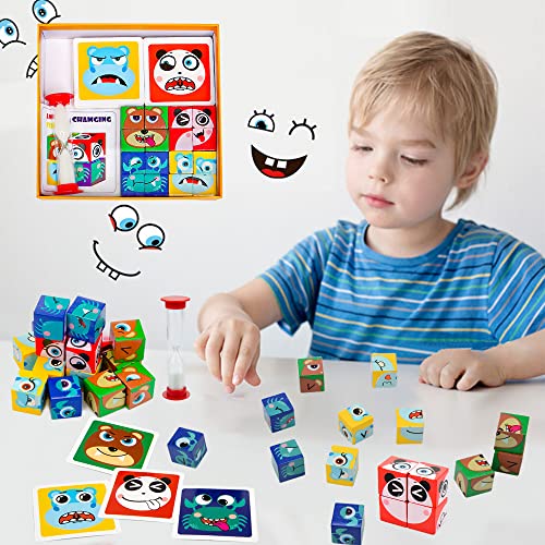 Puzzle de Madera de Expresión Facial,Juego Expresiones de Bloque Cubo de Madera Cubos de Construcción Juguete de Interacción de Madera para Regalo 3 años niño Pensamiento Juguetes Educativos