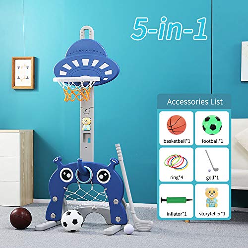 Q-FQRM Canasta de Baloncesto para Niños 5 en 1 Juego de Baloncesto con Juego de Deportes Ajustable Juego de Fútbol | Portería de Fútbol Golf Lanzamiento de Anillos Mejor Regalo para Niños Niño