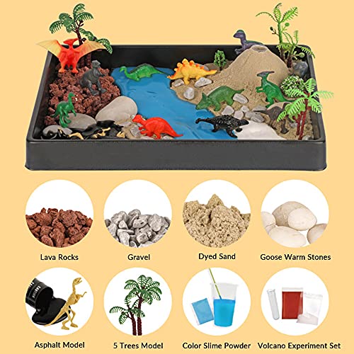 QKTYB Realista dinosaurio mundo hábitat micro paisaje hecho a mano DiyToys incluyendo figuras de dinosaurios, árboles, piedras cálidas de ganso, modelo de asfalto, rocas de lava, grava, polvo de