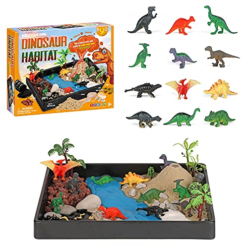 QKTYB Realista dinosaurio mundo hábitat micro paisaje hecho a mano DiyToys incluyendo figuras de dinosaurios, árboles, piedras cálidas de ganso, modelo de asfalto, rocas de lava, grava, polvo de